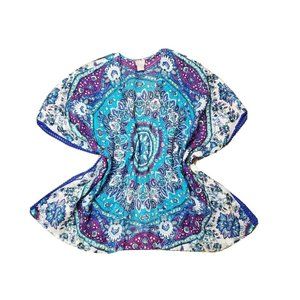 Chico's Women L/XL Open Front Paisley Wrap Lightweight Sheer Blue Sewn Trim SS